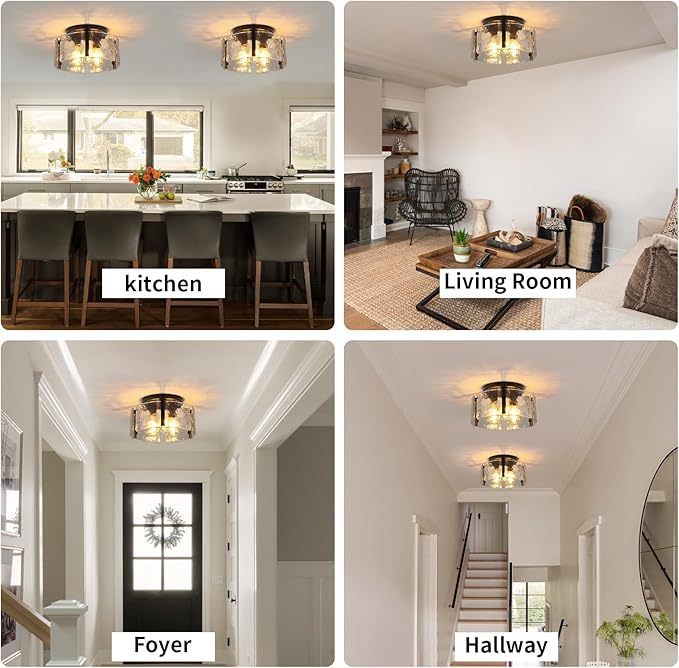 Black Semi Flush Mount Ceiling Light Fixture, 14-Inch Glass Drum Flush Mount Light Farmhouse Modern Lights Kitchen Lighting Fixtures for Foyer Entryway Hallway Laundry Room Bedroom Bathroom