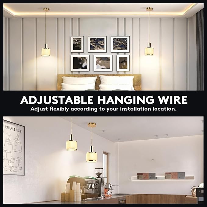 Battery Operated Pendant Light Set of 2, Fabric Lampshade Gold Battery Chandelier with 5200mah Rechargeable Remote Light Bulb, Hanging Island Light for Kitchen Bedroom Dinning Room