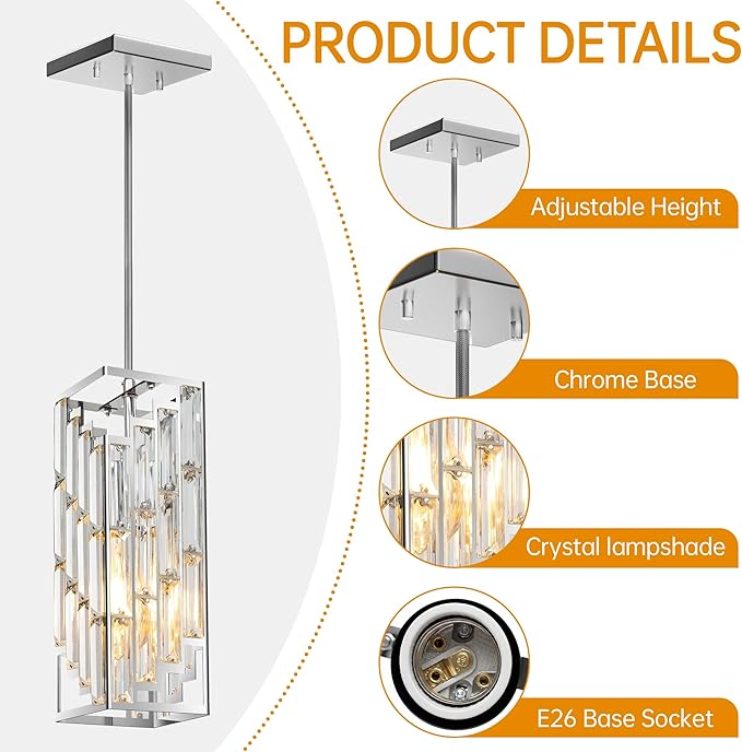 Chrome Pendant Lights Kitchen Island 1 Pack, Mini Crystal Chandeliers, Modern Pendant Lights Ceiling Lighting Fixtures for Kitchen Island, Dinning Room, Bedroom