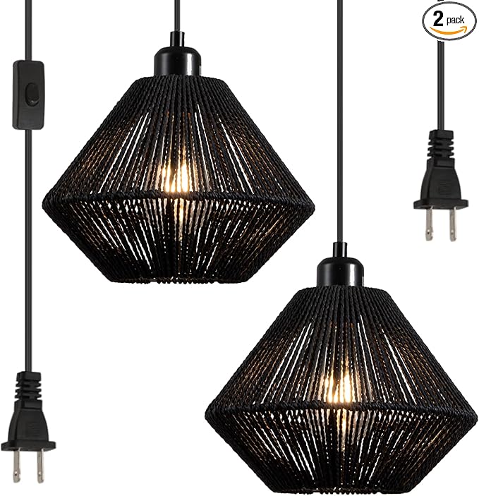 2 Pack Woven Plug in Pendant Light Fixture Black, 9.65’’ Rustic Farmhouse Pendant Hanging Light with Plug in Cord & On/Off Switch for Kitchen Island Living Dining Room Bedroom Foyer