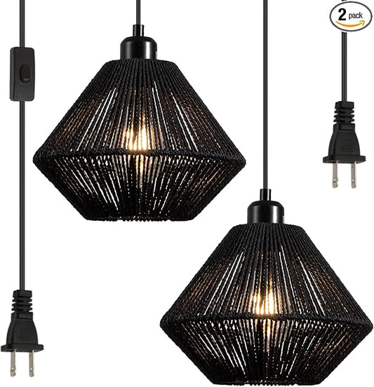 2 Pack Woven Plug in Pendant Light Fixture Black, 9.65’’ Rustic Farmhouse Pendant Hanging Light with Plug in Cord & On/Off Switch for Kitchen Island Living Dining Room Bedroom Foyer