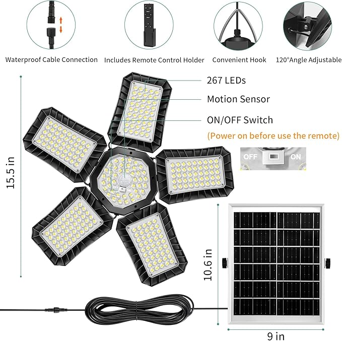 Solar Shed Light All Day Available, 267LED Solar Lights Outdoor Indoor with Motion Sensor, Remote Control, Timer, Waterproof Pendant Lights for Gazebo, Shed, Garage, Barn