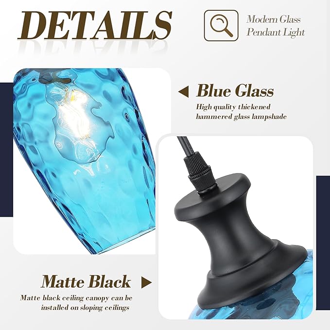 Pendant Lights Kitchen Island 2 Pack, Blue Glass Pendant Light Fixtures with Hammered Glass, Modern Hanging Light for Kitchen Sink Dining Room Bedroom