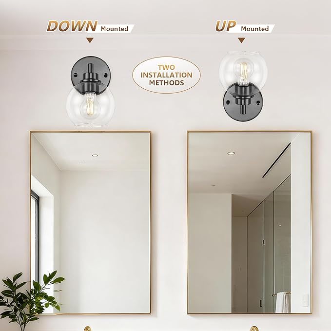 Black Bathroom Vanity Lights, 1-Light Wall Sconce with Glass Globe Shade, Vanity Lighting for Bathroom/Bedroom/Dressing Room, Vertical/Horizontal Mounted, E26 Bulb Base (Bulb Not Included)