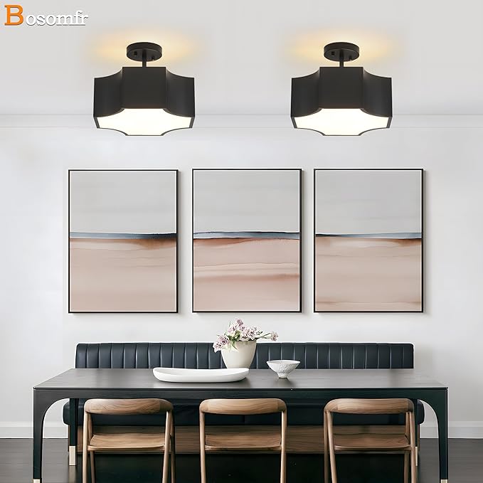 Modern Black 3-Light Ceiling Light Fixture, 12.6'' Metal Industrial Semi Flush Mount Close to Ceiling Light, Farmhouse Light Fixtures Ceiling Mount, Geometry Chandelier for Kitchen, Hallway
