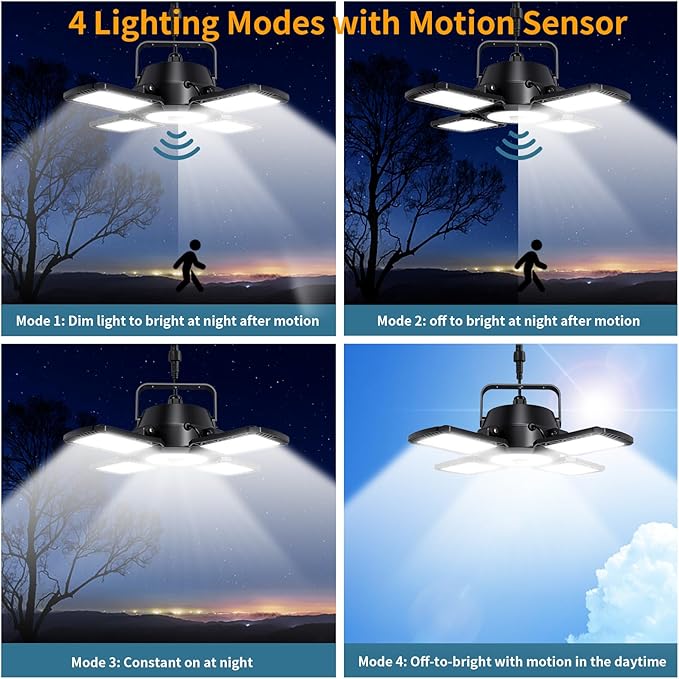 Auzev Solar Shed Light Indoor Outdoor Upgrade 176 LED 4 and 1 Heads Solar Powered Motion Sensor Pandent Daytime Work Lights with 4 Modes Remote Control Security lamp for Garage Gazebo Barn (2 Pack)