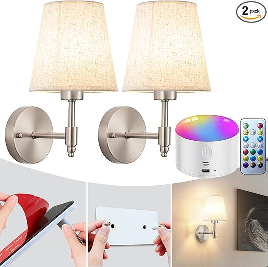 YHCDLAMP Peel and Stick Wall Sconces, No Drilling Stick On Wall Sconce, Wireless Battery Operated Wall Lights, Adhesive Wall Lamp with 10000mAh Battery Bulb for Bedroom Living Room Decor