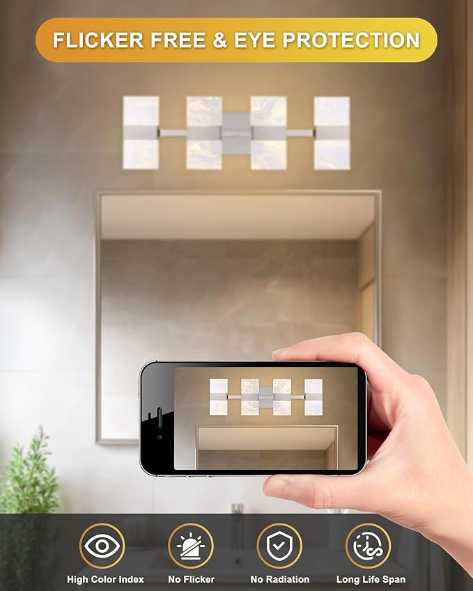 WINSEHN Brushed Nickel LED 3000K Bathroom Light Fixture, Modern 4-Lights Vanity Lighting with Smoke Acrylic Shades, Wall Lamp Over Mirror for Kitchen Bedroom (Integrated Led Chips Included)