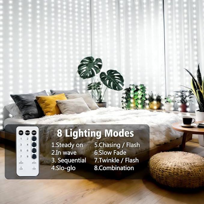echosari Curtain Lights Battery Operated, 300 LED Fairy Curtain Lights 9.8 x 9.8Ft with Timer Hooks for Bedroom Wedding Backdrop Indoor Decor (Cool White)