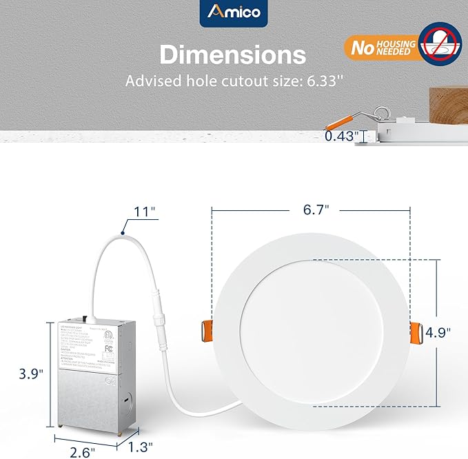 Amico 4 Pack 6 Inch 5CCT Ultra-Thin LED Recessed Ceiling Light with Junction Box, 2700K/3000K/3500K/4000K/5000K Selectable, 1050 Lumens, Dimmable Canless Wafer Downlight, 12W Eqv 110W-ETL&FCC