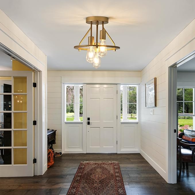 Gold 3-Light Semi Flush Mount Ceiling Light Fixture Metal Farmhouse Vintage Chandelier Circle Ceiling Lamp for Bathroom Kitchen Dining Room Laundry Room Foyer Closet Stairwell