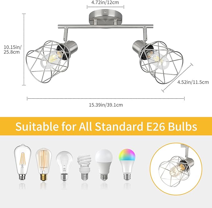 WILON Industrial Track Lighting Kit, 2 Light Modern Track Lighting Fixtures Brushed Nickel Flush Mount Ceiling Light Rotatable Light Head E26 Base Ceiling Spotlight for Kitchen Dining Room Hallway