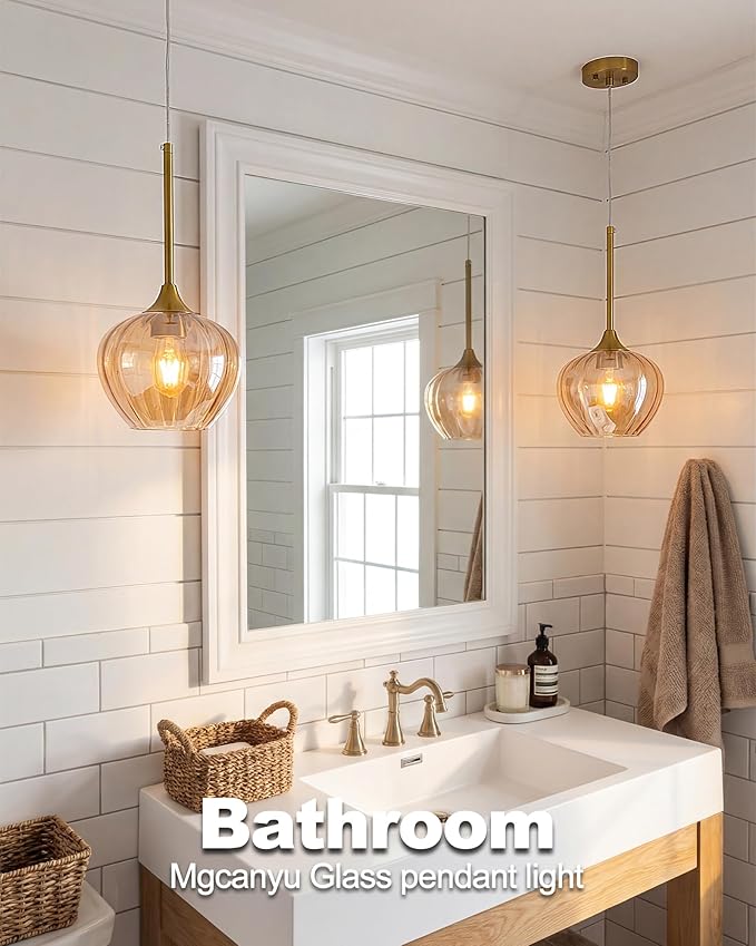 Amber Glass Pendant Lights Kitchen Island, 7" Vintage Adjustable Pendant Lighting Gold Hanging Light Fixtures for Kitchen, Dining Room, Sink, Bathroom