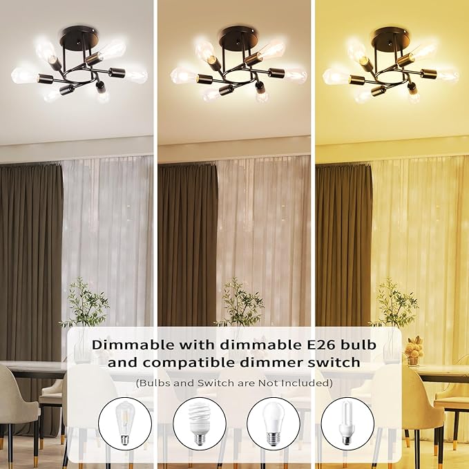Finktonglan 6-Light Semi Flush Mount Ceiling Light, Matte Black Sputnik Ceiling Light Fixture, Modern Farmhouse E26 Chandelier for Kitchen, Dining Room, Living Room, Bedroom