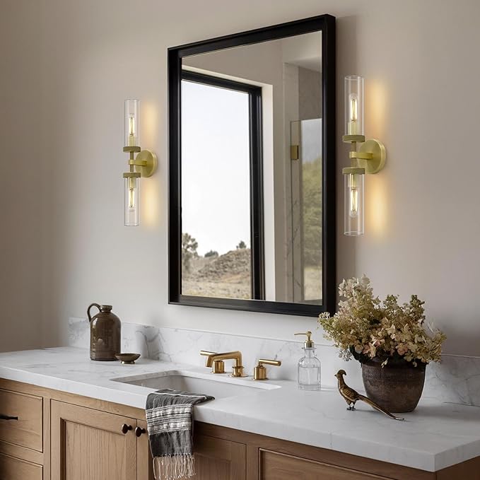 Knurled Brass Wall Sconces Set of Two,21" Sconces Wall Lighting 2-Light, Gold Bathroom Wall Sconces, Glass Vanity Lights, Indoor Wall Sconce for Bathroom,Bedroom, Living Room, Hallway