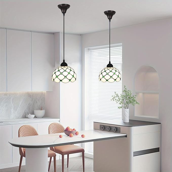 Pendant Lights Green Amber Bead Stained Glass Hanging Lamp Adjustable Lamp for Dinning Room, 8 Inch Hanging Lights for Kitchen, Living Room, Foyer