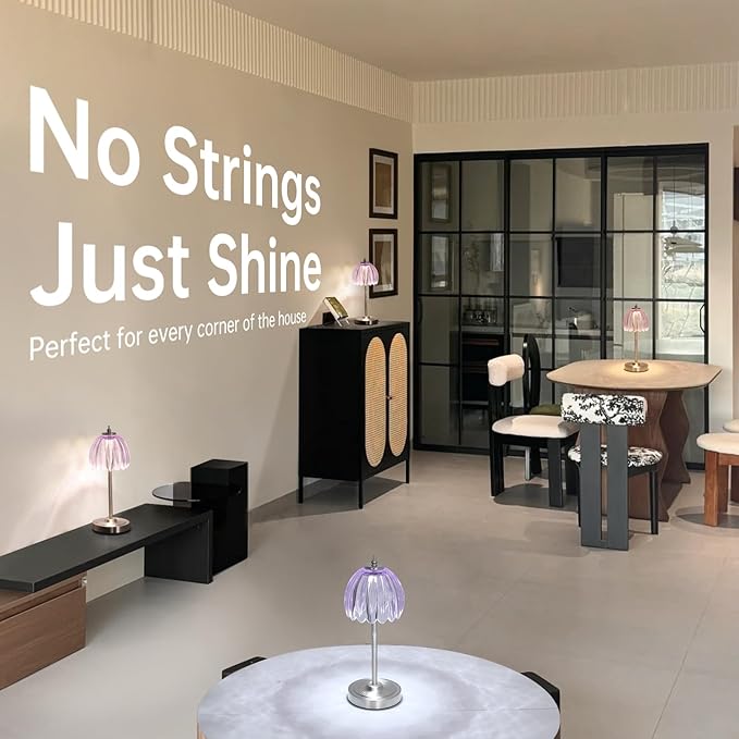 Shenmoyl Tulip Table Lamp with 5200mAh Battery & Touch Control, Cordless Small Table Lamp with 3 Colors, Dimmable Rechargeable Table Lamps for Living Room, Bedroom, Desk, Bedside (Clear Purple Tulip)