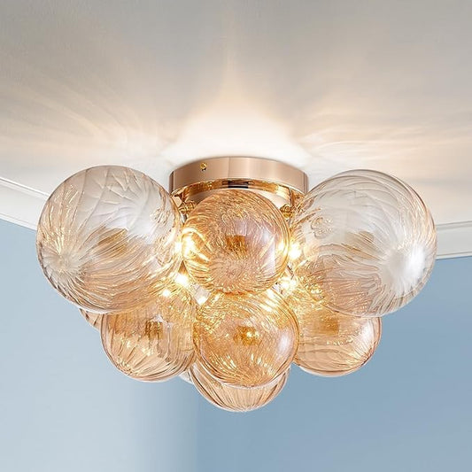 AGV LIGHTING Modern Bubble Glass Flush Mount Ceiling Light Fixture, Gold 4-Light Ceiling Chandelier with Amber Textured Glass Globe Shades, 18” Living Room Bedroom Dining Room Lighting
