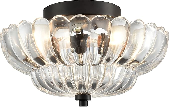 HYDELITE Modern Black Ceiling Light Traditional Semi Flush Mount Ceiling Light with Scalloped Clear Glass for Living Room Hallway Close to Ceiling Light Fixture