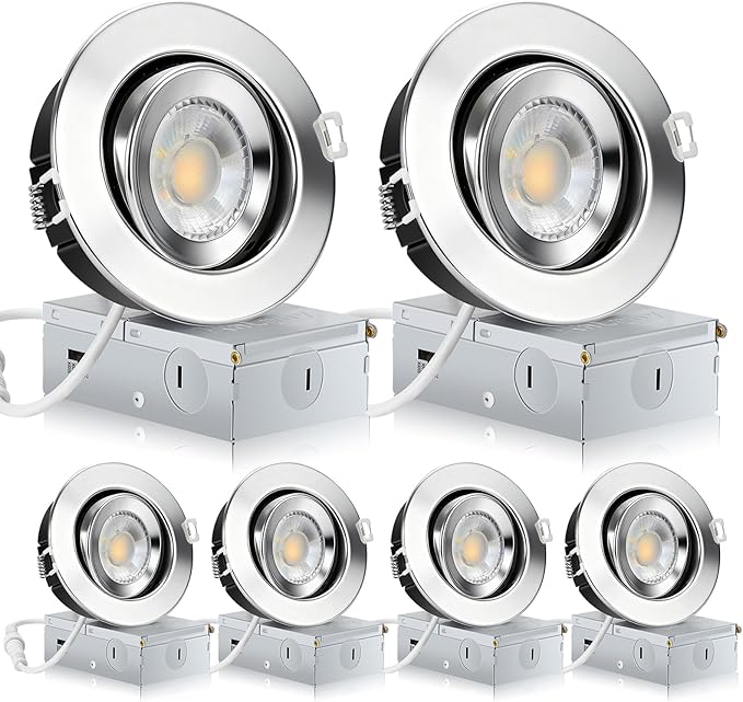 KnLnny Ware Chrome 4 Inch Gimbal Recessed Lights 6 Pack, Ajustable Eyeball Recessed Lighting, Spot Lights Indoor with Junction Box, 5CCT Selectable,9W 750LM,Dimmable