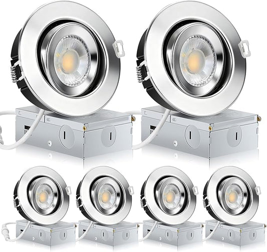 KnLnny Ware Chrome 4 Inch Gimbal Recessed Lights 6 Pack, Ajustable Eyeball Recessed Lighting, Spot Lights Indoor with Junction Box, 5CCT Selectable,9W 750LM,Dimmable