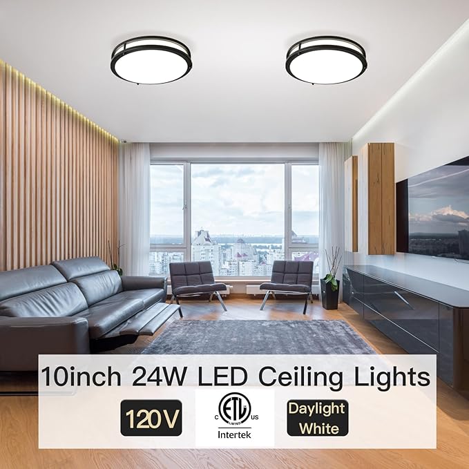 10inch Ceiling Light Fixture 2 Pack Black, 24W Led Ceiling Light Fixture 2400LM, Adjustable Brightness Flush Mount Ceiling Light for Bedroom, 5000K Daylight White, ETL Listed, Easy to Install