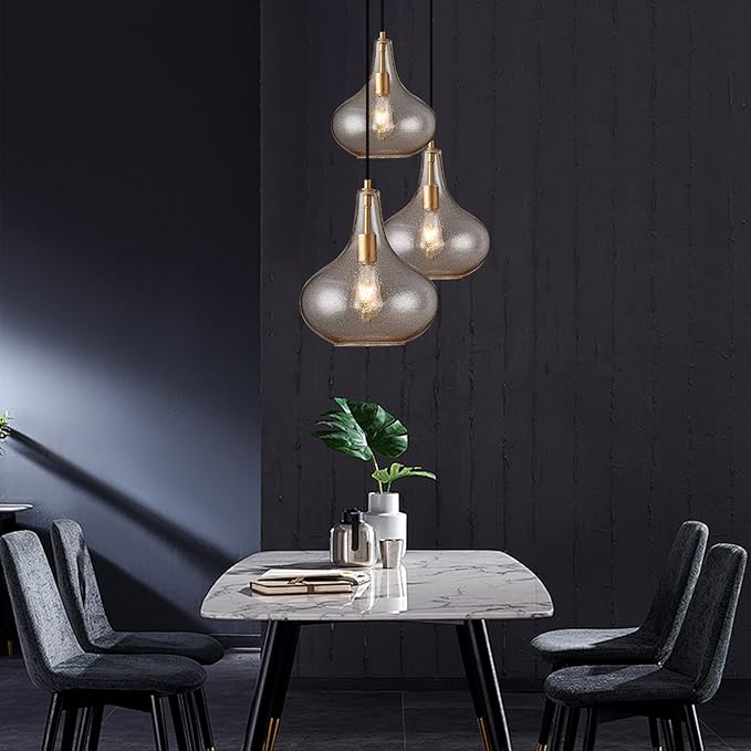 CATINER Handcrafted 11-Inch Mid-Century Modern Brass Gold Pendant Light with Seeded Glass Shade - Elegant Dining Room Pendant Light