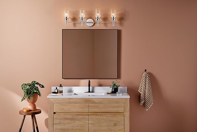 Kichler Madden 4-Light Bathroom Vanity Light Fixture with Clear Glass in Chrome, Modern Wall Mount Lighting for Single or Double Vanity Over Mirror (10.5" x 34"), 55186CH