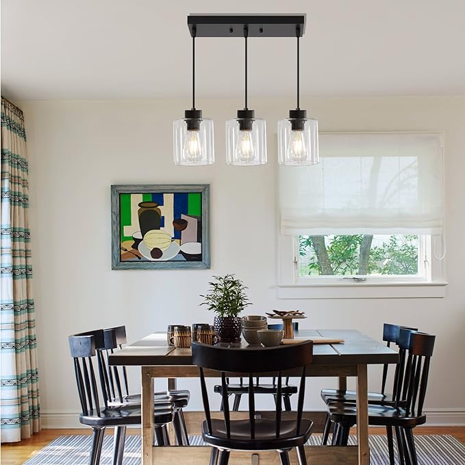 3-Light Pendant Light Fixtures with Clear Glass, Black Hanging Light Fixture for Ceiling, Adjustable Kitchen Island Light for Dinning Room, Bedroom,Hallway, E26 Base, Bulbs Not Included