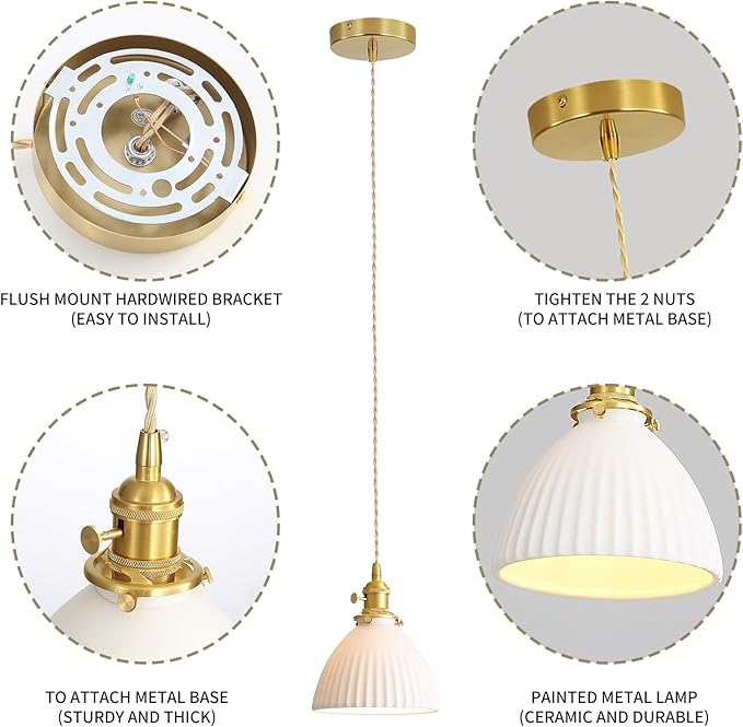 White Ceramic Pendant Lights Kitchen Island Brushed Brass Dome-Shaped Lampshade Modern Minimalist Industrial Hanging Light Fixture for Living Room Bedroom Dining Room Over Table
