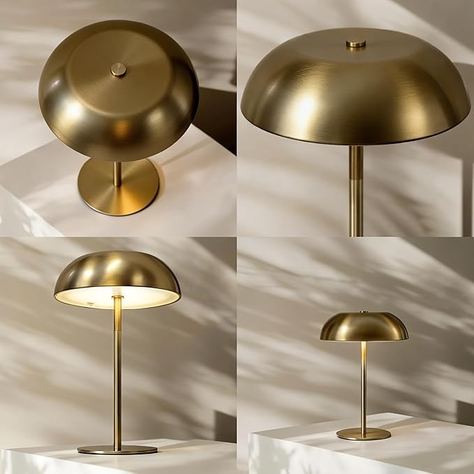 Portable LED Mushroom Table Lamp, Cordless Gold Table Lamp with 3 Color Stepless Dimming, Touch Control, Adjustable Height, Touch Lamp for Nightstand, Bedroom, Coffee Table, Bar, Restaurant, Wedding