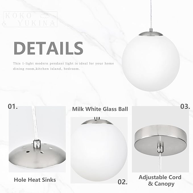 KoKo&Yukina 10 Inch Pendant Light Nickel Globe Pendant Lights Kitchen Island Mid Century Light Fixture Adjustable Globe Pendants Lights with Milky White Glass Shade for Dining Room Living Room