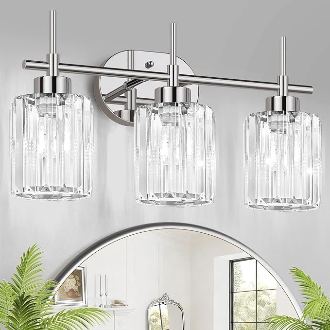 Modern Crystal Bathroom Vanity Light, 3-Light Chrome Vanity Light with Clear K9 Crystal Shades, Bathroom Light Fixtures Over Mirror (Bulbs Not Included)