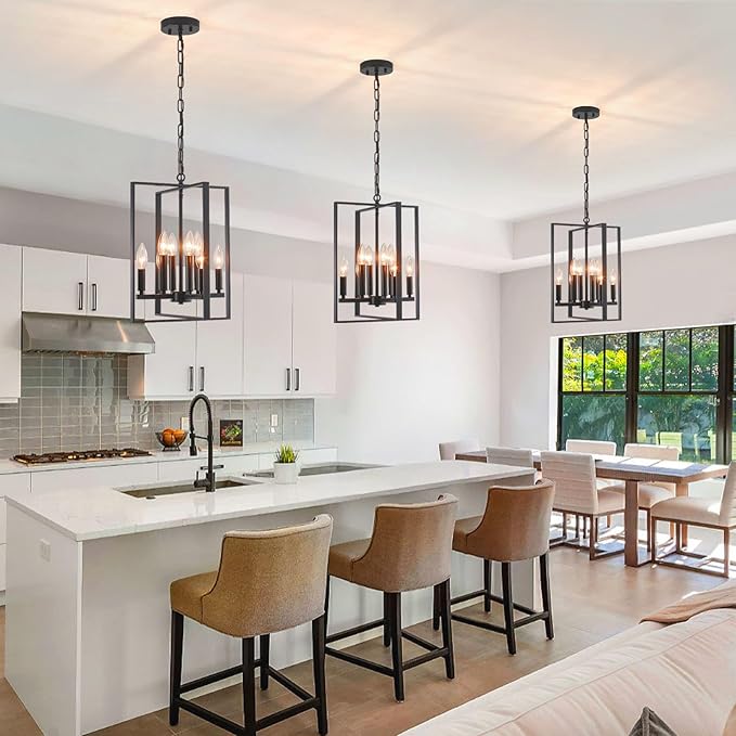 12.79" Black Chandelier 8-Light Modern Farmhouse Chandeliers for Dining Room Light Fixture Rustic Adjustable Pendant Light Fixtures Vintage Chandelier for Foyer Kitchen Entryway Living Room E12