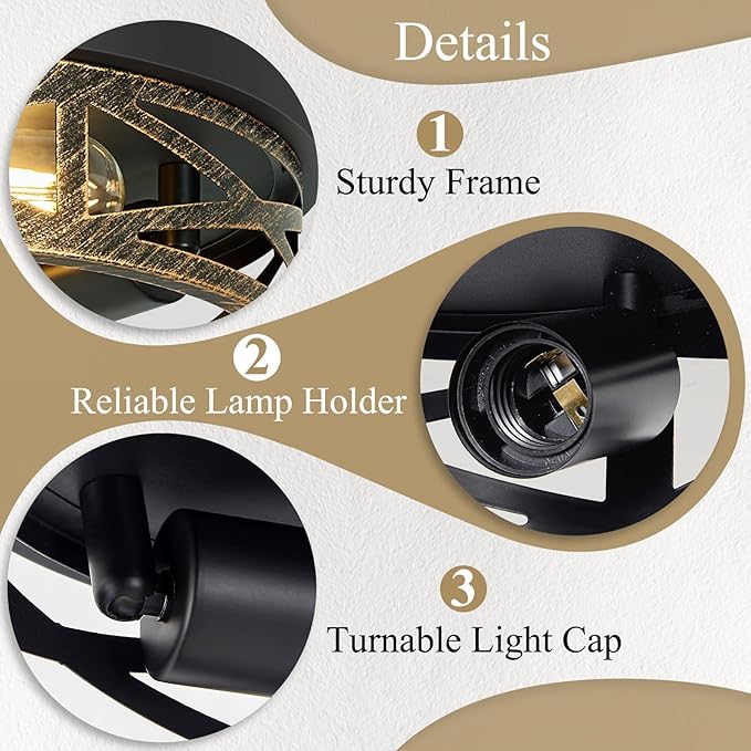 Flush Mount Ceiling Light Fixture,13 inch Rustic Metal Black 3-Light Hallway Light Fixtures Ceiling,Vintage Light Fixtures Ceiling Mount for Farmhouse,Kitchen,Hall (2 Pack)