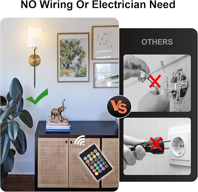 Battery Operated Wall Sconce Set of Two, Wireless Rechargeable Wall Light With Remote Control, Dimmable, 4 Color Temperatures, RGB, Timer, for Living Room,Bedroom,Entryway, Black Gold, 26.8 Inch