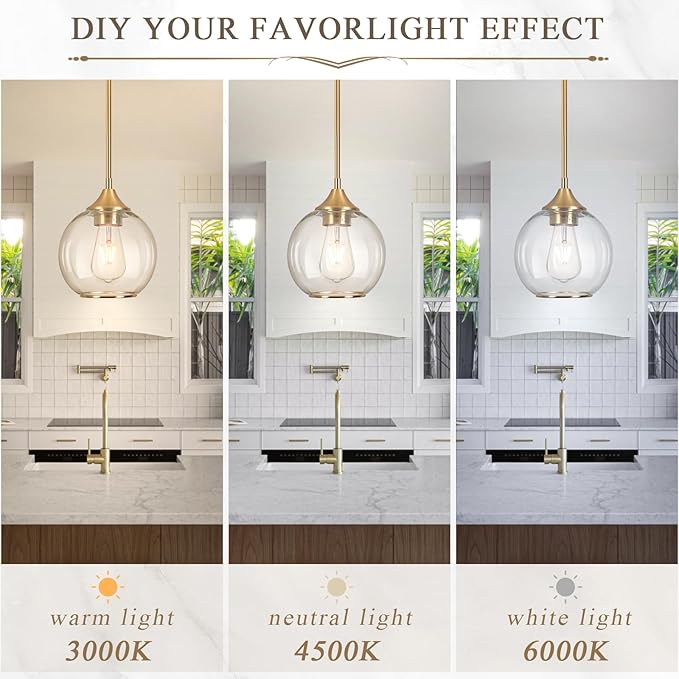 Pendant Lights Kitchen Island,Farmhouse Gold Pendant Light with Clear Glass Globe Shade,6.29" Glass Pendant Light for Finish Farmhouse Entryway Dining Room Kitchen Island 1Light