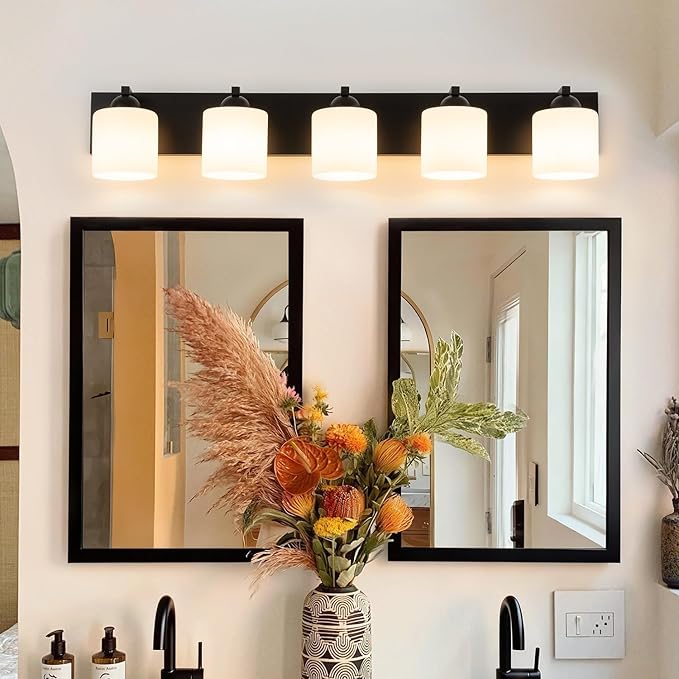 mirrea 38-Inch 5-Light Black Vanity Lights for Bathroom, Vanity Lighting Fixtures with Etched White Glass Shades