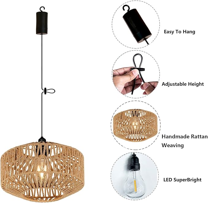 Battery Operated Pendant Light Outdoor Chandelier for Gazebo Hanging Lamp with Remote Timer Powered by 4*AA Batteries Boho Rattan Lampshade LED Lantern for Garden Farmhouse Porch Patio Backyard Decor