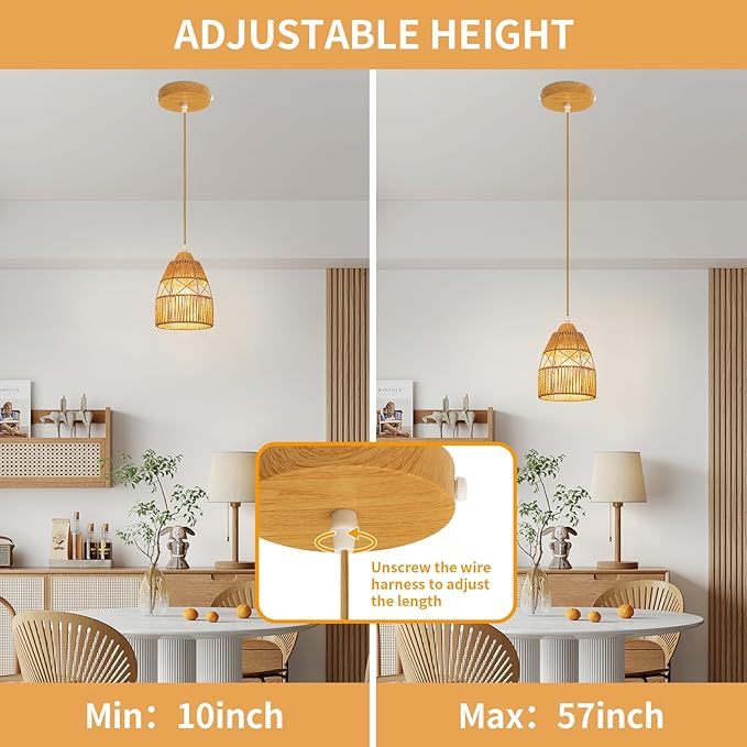 Boho Rattan Pendant Light Kitchen Island,Farmhouse Chandeliers Adjustable Height Hanging lamp for Dining Room,Small Kitchen Ceiling Lights Fixtures with Hand Woven Wicker Lampshade Lighting