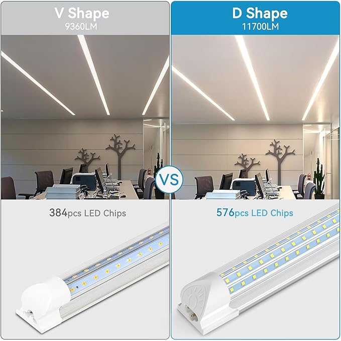 SHOPLED LED Shop Light 8FT, 90W 11700 LM 5000K Daylight White, Linkable T8 Ceiling Light Fixtures, D-Shape, 8 Foot LED Shop Lights for Garage, 4 Pack