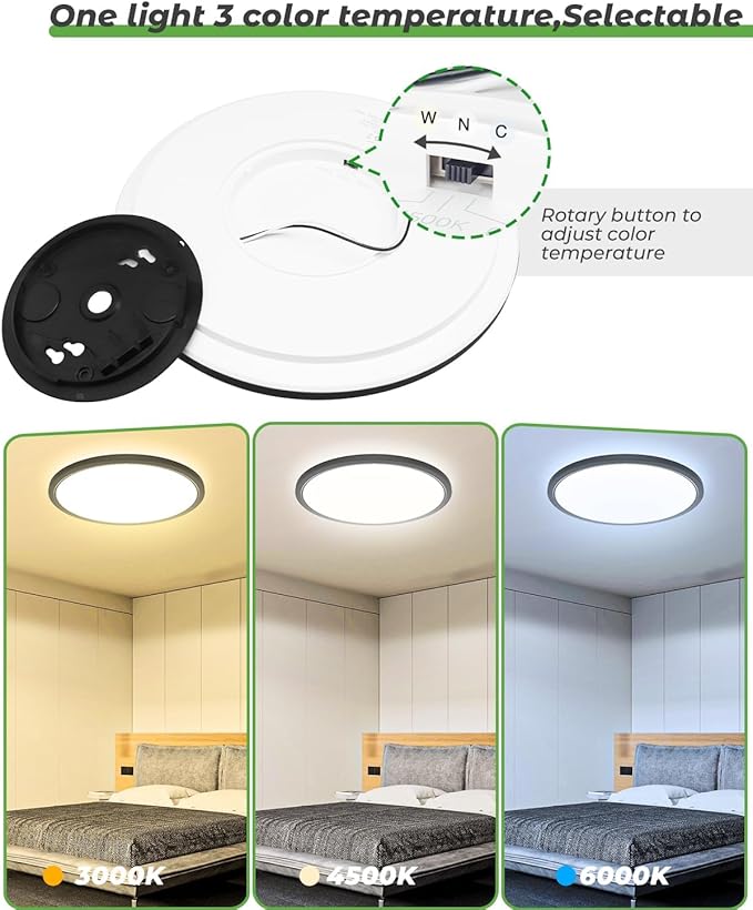 Zemty 2Pack 16.5 Inch LED Flush Mount Light, 36W 4200lm Super Slim Ceiling Light Fixtures, 3000K/4500K/6500K Selectable Ceiling Lamp for Bedroom, Kitchen, Living Room (Black)
