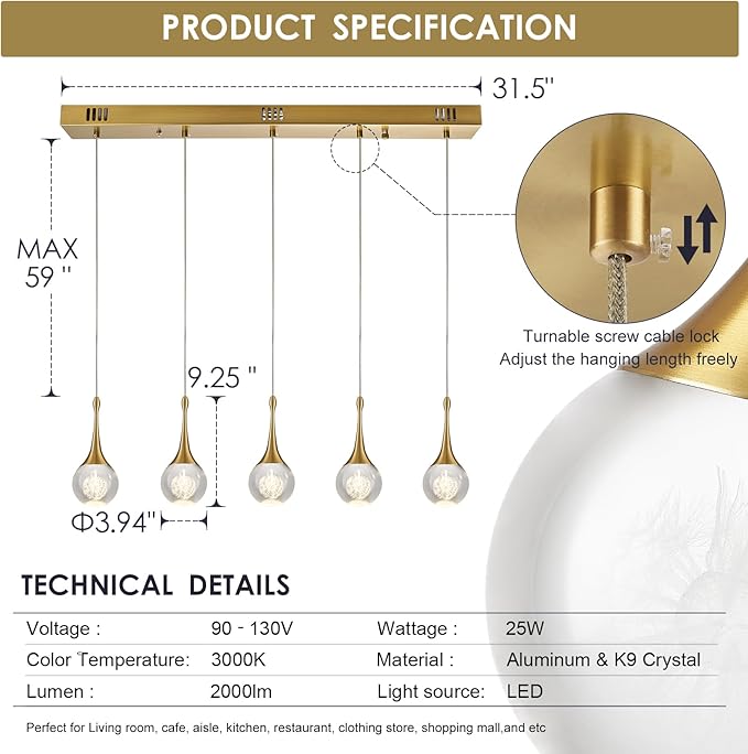 5 Lights Rectangular Gold Crystal Pendant Lights for Kitchen Island Remote Control Dimmable Light Modern Teardrop Chandeliers Lighting Fixtures for Dining Room Living Room