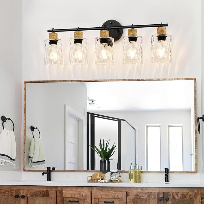 MOKATNG Bathroom Light Fixtures, 5-Light Coastal Vanity Lights with Crystal Glass Shade, Black Bathroom Wall Lamp for Mirror Kitchen Hallway Cabinet