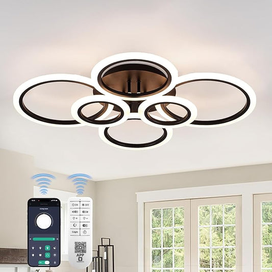 Modern Ceiling Lights 31.8" 68W, Dimmable Kitchen Lighting Fixtures Ceiling, 3000-6500K Light Fixture Ceiling Mount with Remote Control, Black 6 Ring LED Ceiling Light for Bedroom