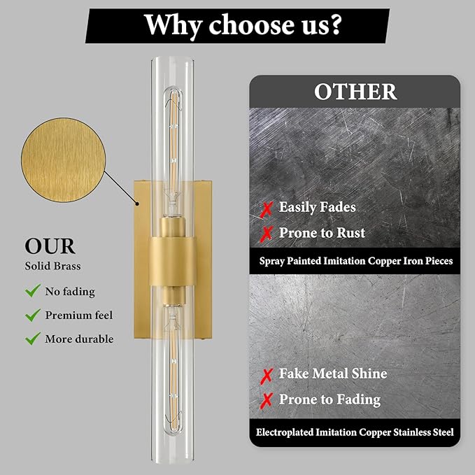 Champagne Brass Bathroom Wall Sconce - Modern Gold Light Sconces - Dimmable Lighting Fixtures - Vertical or Horizontal Mounted Clear Glass Tube Vanity Lights for Indoor Living Room Hallway