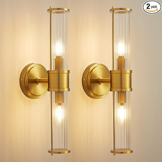 Brushed Gold Wall Sconces Set of 2, Modern Bathroom Vanity Light Fixture with Clear Glass Shades, Hardwired Brass Wall Mounted Lamp for Over Mirror, Hallway, Bedroom (E12 Bulbs Not Included)