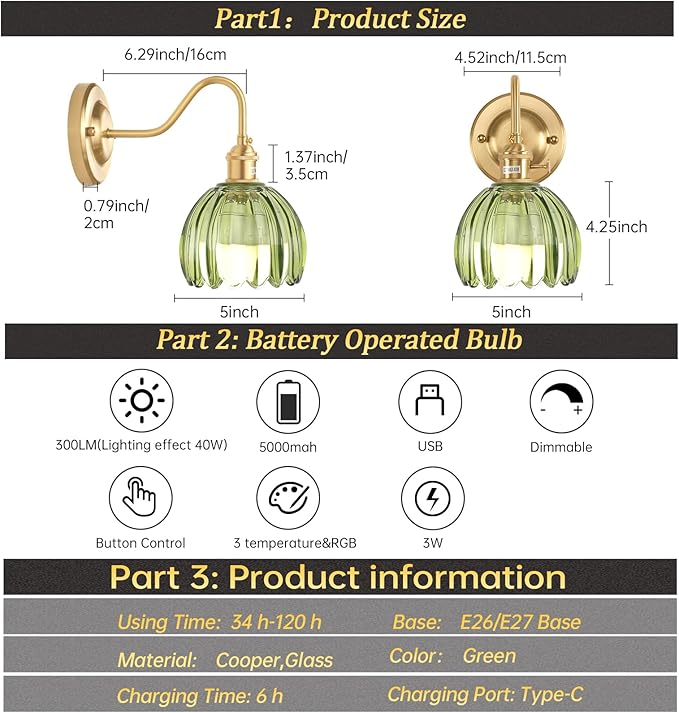 Shenmoyl Vintage Battery Operated Wall Sconce, 5000mAh Rechargeable Wall Light, Indoor Battery Powered Wall Lamp for Bedside Bedroom Living Room, Tulip Green