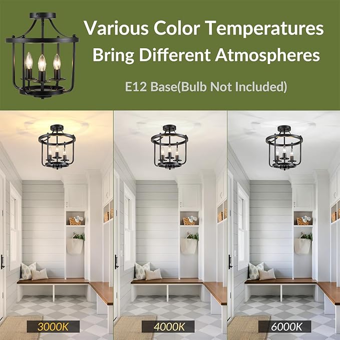 Farmhouse Semi Flush Mount Ceiling Light Fixtures, Industrial Rustic Ceiling Lamp Metal Cage Hallway Light Fixtures(3-Light Black Finish)