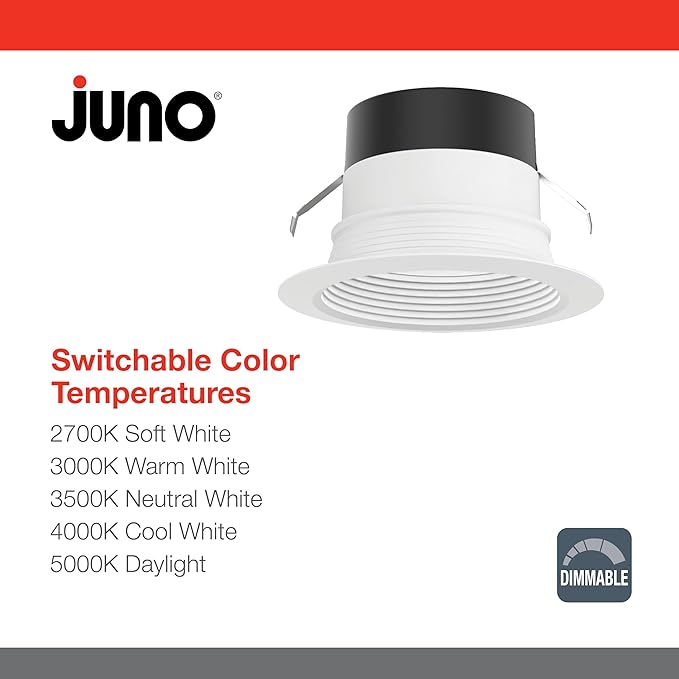 Juno E Series 4" LED Ceiling Light, Baffle Trim Recessed Lighting with 5-in-1 Switchable White Color, 700 Lumens, Wet Rated LED Downlight, Dimmable, White, 12-Pack